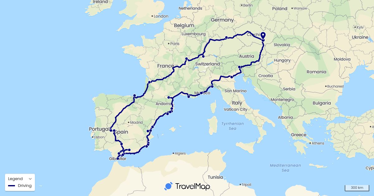 TravelMap itinerary: driving in Switzerland, Czech Republic, Germany, Spain, France, Gibraltar, Italy, Monaco (Europe)